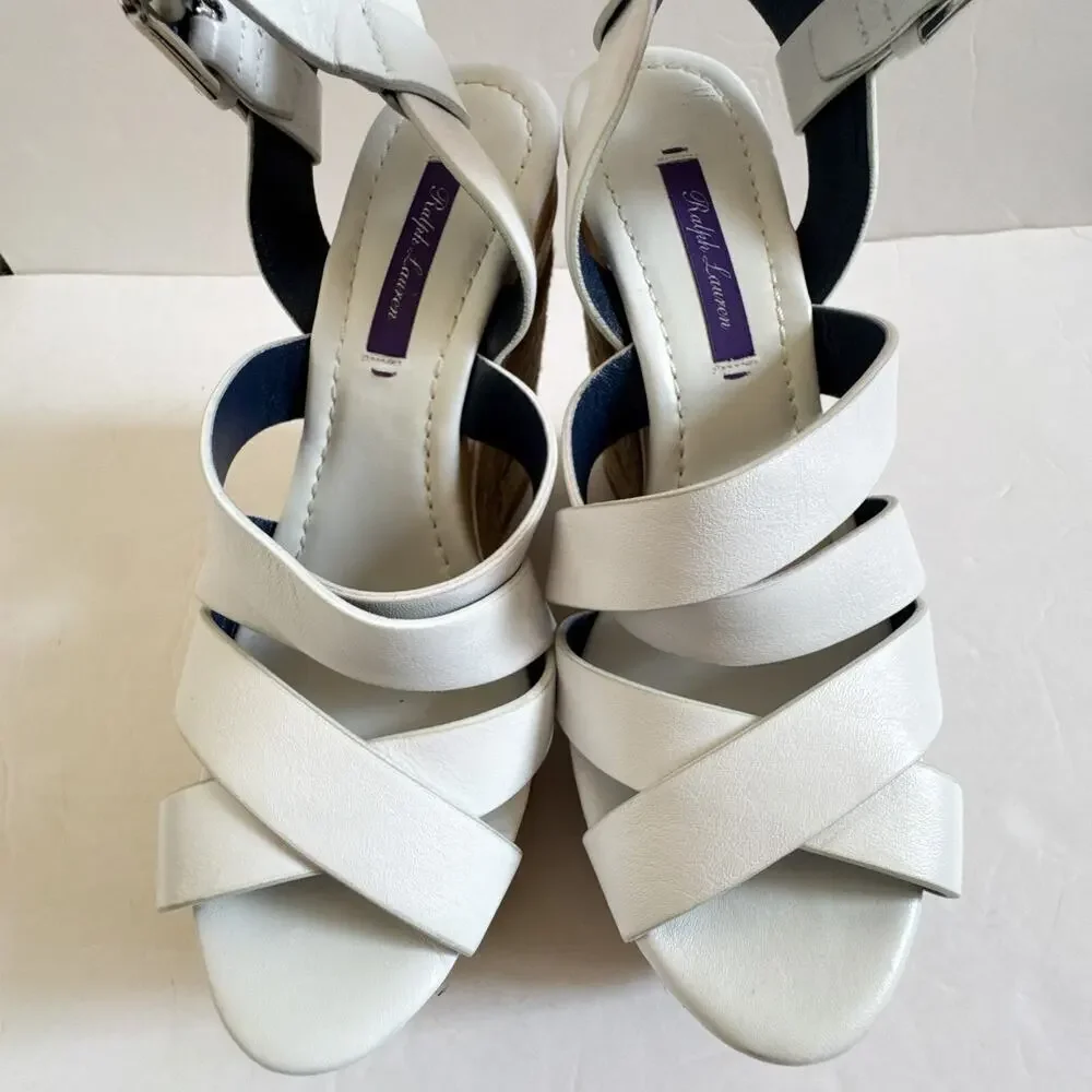 Ralph Lauren Purple Label Erin Espadrille Wedge Platform White Leather 37.5 - Picture 6 of 16